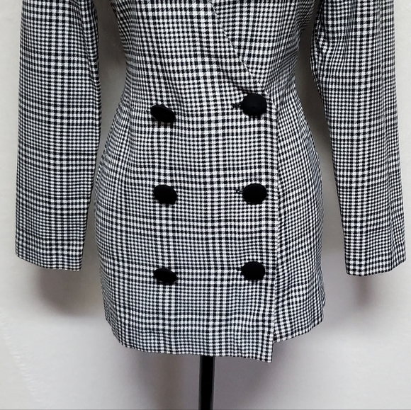 Vintage 80s GSL Black Houndstooth Double Breasted Collarless Blazer Jacket S - Picture 8 of 15